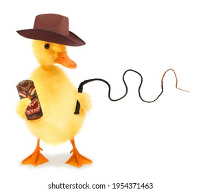 Cute Cool Duckling Adventurer Duck Explorer With Fedora Hat And Whip Funny Conceptual Image