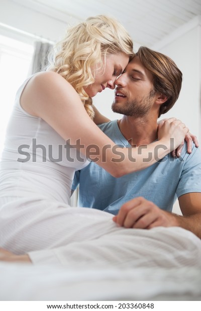 Cute Couple Hugging On Bed Home Stock Image Download Now
