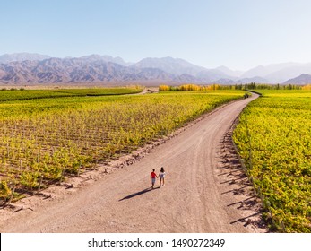 Cute Couple walking down path leading towards nature, view of mountain background, blue clear sky and green vineyards. Perspective, goal, outdoors, nature, travel concepts. Mendoza, Argentina - Powered by Shutterstock