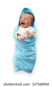 Cute Crying New Born Baby In Blue Blanket Isolated On White