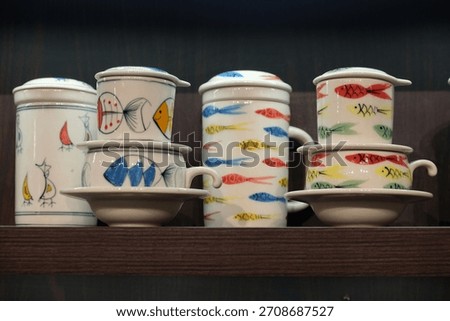 cute cups made of ceramic for drinking tea or coffee. Lam coffee, Old quater, Hanoi, Vietnam - 16 Feb 2025