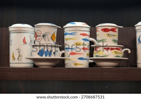 cute cups made of ceramic for drinking tea or coffee. Lam coffee, Old quater, Hanoi, Vietnam - 16 Feb 2025