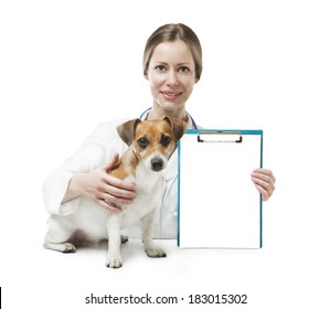 cute curious little dog sitting near beautiful veterinarian woman who holds office clip blank sheet of paper for your ad Text information. White background. Mockup template for gift certificate 