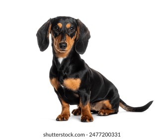 Cute dachshund puppy dog sitting on a white background and looking directly at us - Powered by Shutterstock