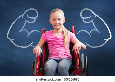 Cute disabled pupil smiling at camera in hall against blue chalkboard - Powered by Shutterstock