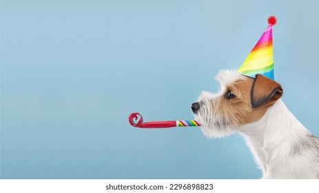 Cute dog with colorful party hat and blow-out celebrating at a birthday party - Powered by Shutterstock