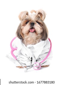 Cute Dog Dressed As Doctor On White Background