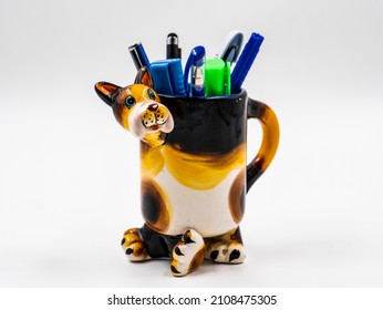 Cute Dog Figure For Desk, Pencil Holder. On White Background.