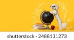 Cute dog, globe, apple and stack of books on yellow background with space for text. Back to school