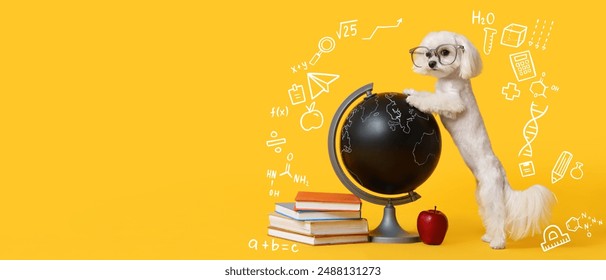 Cute dog, globe, apple and stack of books on yellow background with space for text. Back to school - Powered by Shutterstock