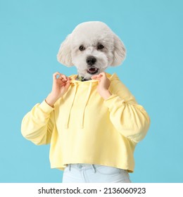 Cute Dog With Human Body On Blue Background