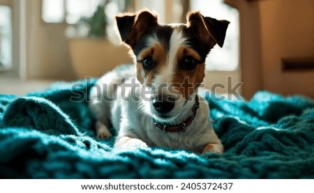 Cute dog looking into the camera lens while sleeping on his bed
