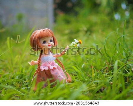 Cute doll holding flowers in a flower field.