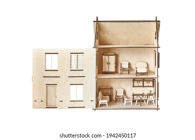 Cute Doll House With Toy Furniture Made Of Plywood Details Cut With Laser Machine Tool Stands With Open Wall On A White Background