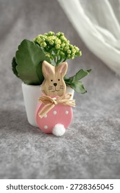 Cute Easter Bunny in a decorative egg on the background of textiles and potted plant. A spring festive still life, a symbol of Easter, comfort and joy.