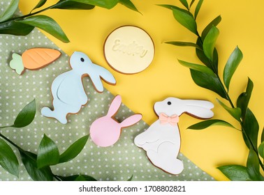 Cute Easter Bunny Desserts, Easter Painted Eggs, Authentic Easter Brunch. Colorful And Happy Table, Food  And Sweets Display. Fresh Food Buffet Brunch Catering Dining Eating Party Sharing Concept