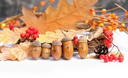 Cute Family Of Acorns In Hats, Funny Emotion Faces. Children's Creativity, DIY Idea For Fall Season. Acorns, Berries And Oak Leaves, Symbol Of Autumn