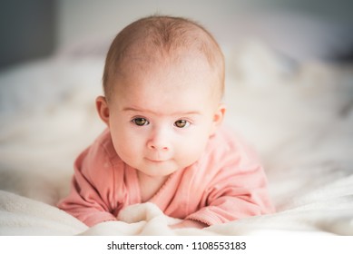 Cute Five Months Old Baby Girl Infant On A Bed On Her Belly With Head Up Looking Into Camera With Her Big Eyes. Natural Bedroom Light.