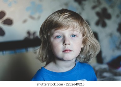 Cute five years old blonde boy with blue eyes and different emotions facial expression. Portrait. Emotions on the face of baby. - Shutterstock ID 2232649215