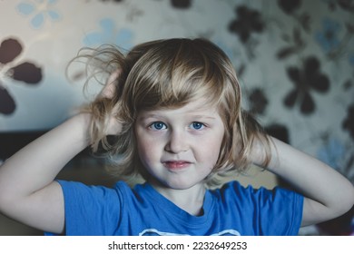Cute five years old blonde boy with blue eyes and different emotions facial expression. Portrait. Emotions on the face of baby. - Shutterstock ID 2232649253
