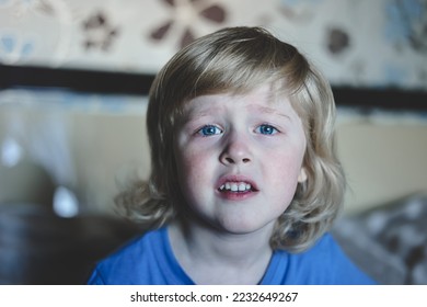 Cute five years old blonde boy with blue eyes and different emotions facial expression. Portrait. Emotions on the face of baby. - Shutterstock ID 2232649267