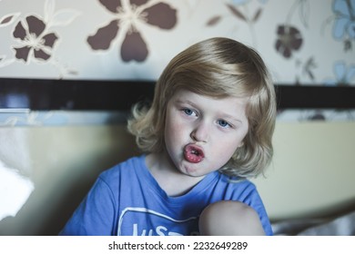 Cute five years old blonde boy with blue eyes and different emotions facial expression. Portrait. Emotions on the face of baby. - Shutterstock ID 2232649289