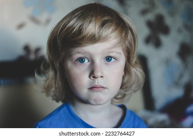 Cute five years old blonde boy with blue eyes and different emotions facial expression. Portrait. Emotions on the face of baby. - Shutterstock ID 2232764427
