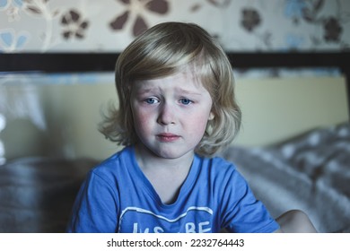 Cute five years old blonde boy with blue eyes and different emotions facial expression. Portrait. Emotions on the face of baby. - Shutterstock ID 2232764443