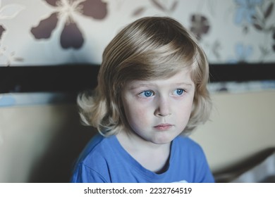 Cute five years old blonde boy with blue eyes and different emotions facial expression. Portrait. Emotions on the face of baby. - Shutterstock ID 2232764519