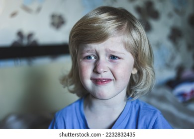 Cute five years old blonde boy with blue eyes and different emotions facial expression. Portrait. Emotions on the face of baby. - Shutterstock ID 2232832435