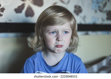 Cute five years old blonde boy with blue eyes and different emotions facial expression. Portrait. Emotions on the face of baby. - Shutterstock ID 2233048551