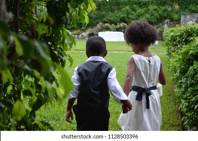 Cute Flower Girl And Ring Bearer, Children In A Wedding. Very Cute Kids In Wedding Ceremony 