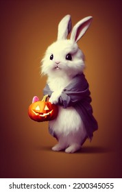 cute fluffy bunny holding pumpkin for halloween