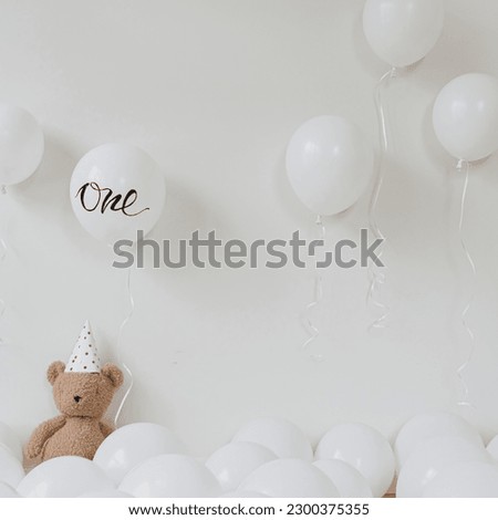Cute fluffy Teddy Bear toy in party hat with balloon signed 