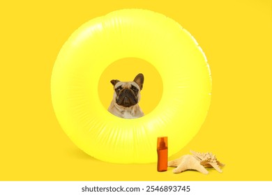 Cute French bulldog with sunscreen, starfishes and inflatable ring on yellow background - Powered by Shutterstock