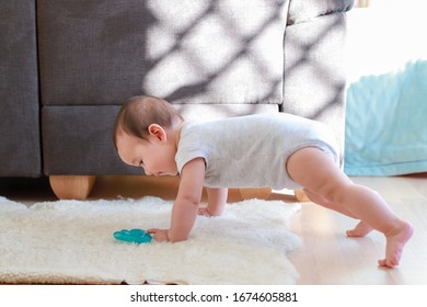 Cute and funny baby crawling and trying to sit or standing at home. Mixed race Asian-German infant boy playing and learn. Healthy newborn relaxing time.