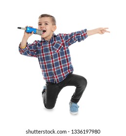 Cute Funny Boy With Microphone On White Background