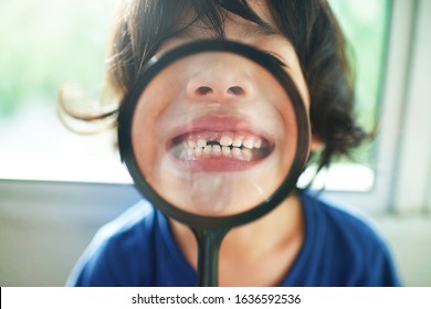 Cute funny child showing missing and growing tooth.Boy's milk teeth.Preschooler playing with magnifying glass by the window.Cheerful Asian kid with milk-tooth gap. - Powered by Shutterstock