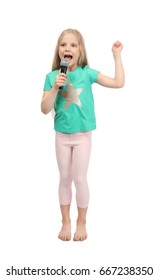 Cute Funny Girl With Microphone On White Background