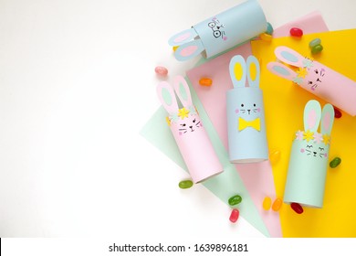 Cute Funny Happy Easter Bunnies Made From Toilet Paper Roll, Crafts For Kids, Easter Decorations, Flat Lay With Copy Space.                         