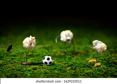 Cute Funny Popcorn Figures Are Playing Soccer, Football Or Soccer Scene With Concept Em Or Championship, Celebrated With Party Snacks