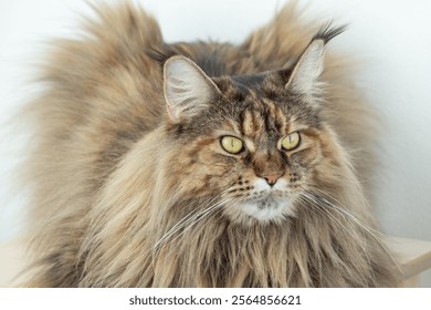 Cute furry Maine Coon cat with yellow-green eyes and long beige-brown fur. Close up portrait, shadow depth. Large domestic long-hair breed, ruff on chest. Looking forward. Light white background.