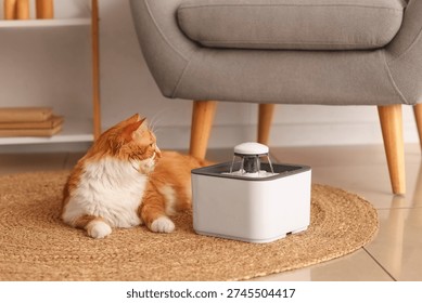 Cute ginger cat with automatic pet water fountain lying on floor near armchair at home