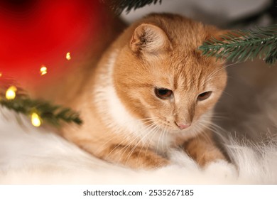 Cute ginger cat under decorated Christmas tree indoors, closeup - Powered by Shutterstock