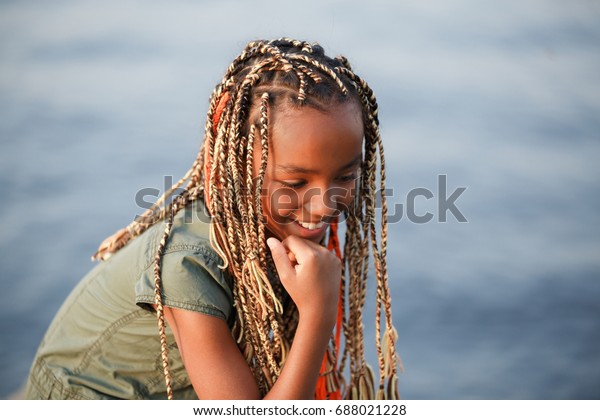 Cute Girl Africa Hairstyle On Beach People Parks Outdoor Stock