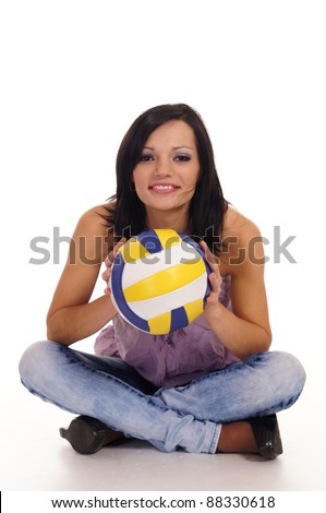 cute girl with a ball on a white