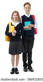 Cute Girl And Boy In School Uniform Holding Books On White Background