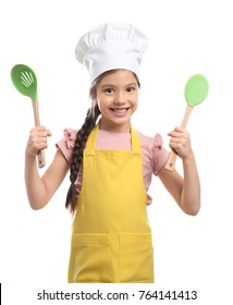 Cute Girl In Chef Hat With Spatula And Skimmer, Isolated On White