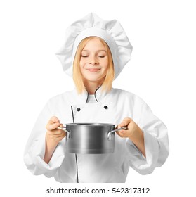 Cute Girl In Chef Uniform On White Background