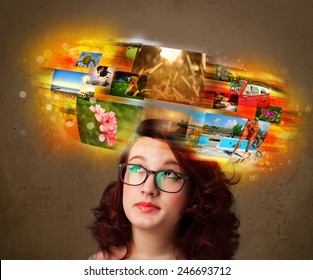 Cute girl with colorful glowing photo memories concept